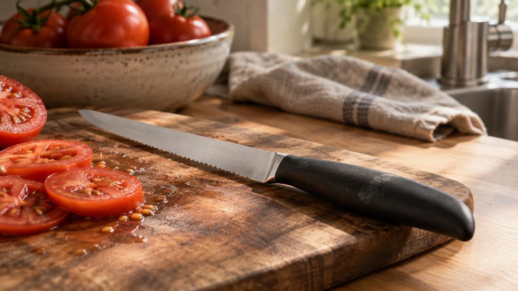 A photograph of a single Arcos Riviera Series tomato knife resting on a wooden kitchen countertop, its serrated blade catching soft morning light streaming through a nearby window. The knife lies diagonally across a rustic cutting board, beside a few freshly sliced tomatoes that reveal glistening seeds and juice pooling slightly on the board. The handle, a sleek dark polymer with ergonomic curves, shows subtle fingerprints and light wear, suggesting recent use. In the softly