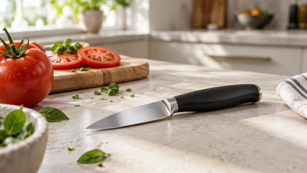 A photograph of a single unbranded paring and tomato knife resting naturally on a pale stone kitchen counter beside a ripe tomato and a small wooden cutting board. The knife is the clear hero, its compact stainless-steel blade catching a gentle glint of window light and its simple, ergonomic handle showing subtle, realistic texture. A few tomato slices and scattered herb leaves suggest everyday kitchen use without showing anyone mid-action. The scene is composed horizontally 