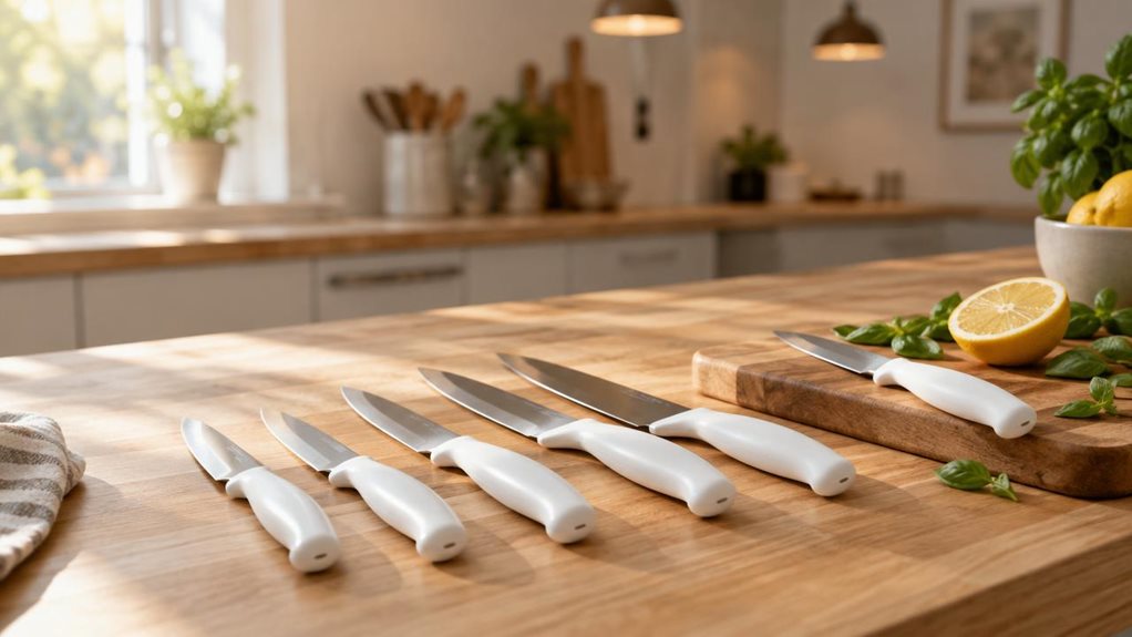 A photograph of a six-piece paring knife set arranged on a light oak butcher block countertop in a sunlit modern kitchen. The knives, each with polished stainless steel blades and ergonomic polypropylene handles in matte white, are fanned out slightly, catching soft morning light streaming through a nearby window. One knife rests atop a small wooden cutting board beside a halved lemon and a few scattered basil leaves, suggesting recent, casual use rather than a staged action.