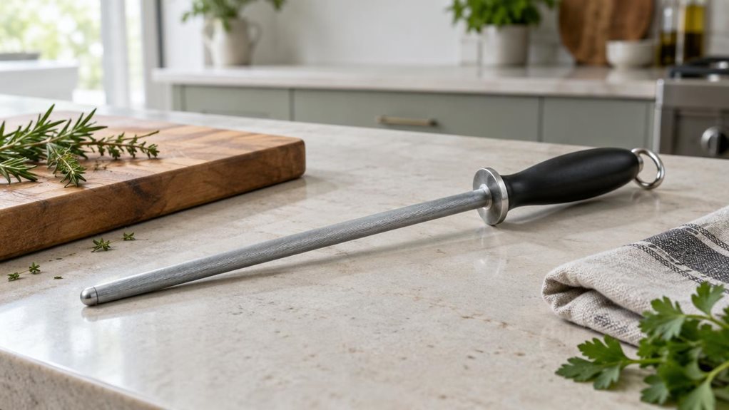 A photograph of a single sharpening steel resting naturally on a pale stone kitchen counter beside a wooden cutting board. Its long, finely textured steel rod and smooth dark handle are clearly visible, with subtle metal highlights and realistic everyday wear. A folded linen towel and a few fresh herbs nearby suggest a working home kitchen without cluttering the scene. The horizontally composed 16:9 landscape frame feels candid and observational, as if captured between meal p