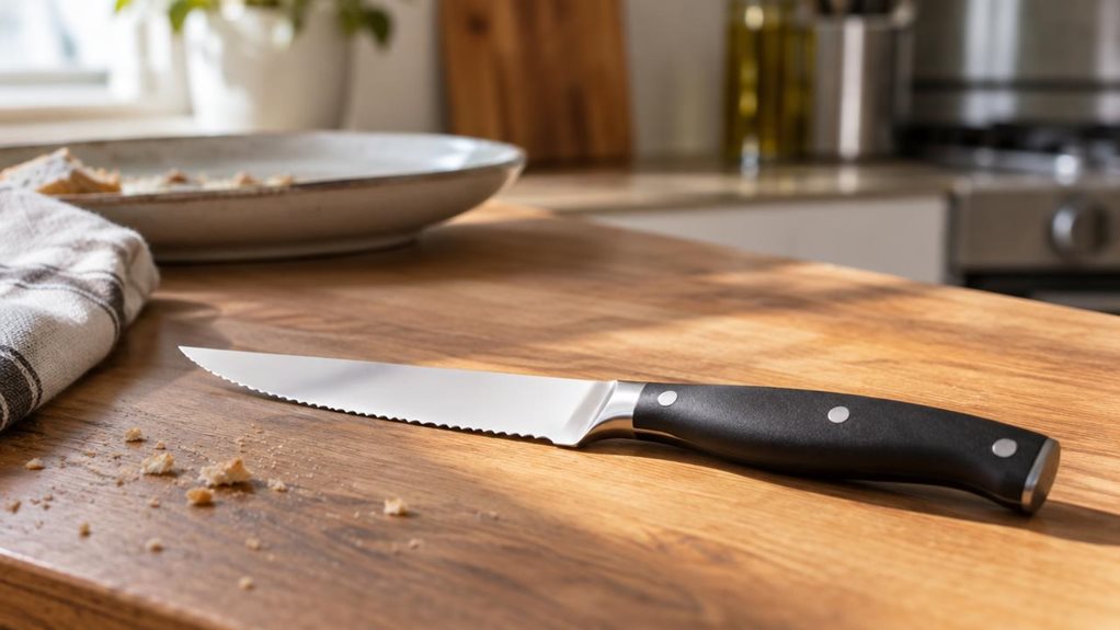A photograph of a single ARCOS steak knife resting on a wooden kitchen countertop, positioned diagonally across the lower third of the frame in a horizontal 16:9 composition. The knife's polished steel blade catches soft, natural daylight streaming in from a nearby window, highlighting its sharp edge and sleek, lightweight profile. The handle, ergonomically designed with a matte black finish, shows subtle texture details up close. Beside the knife, a few breadcrumbs and a lin
