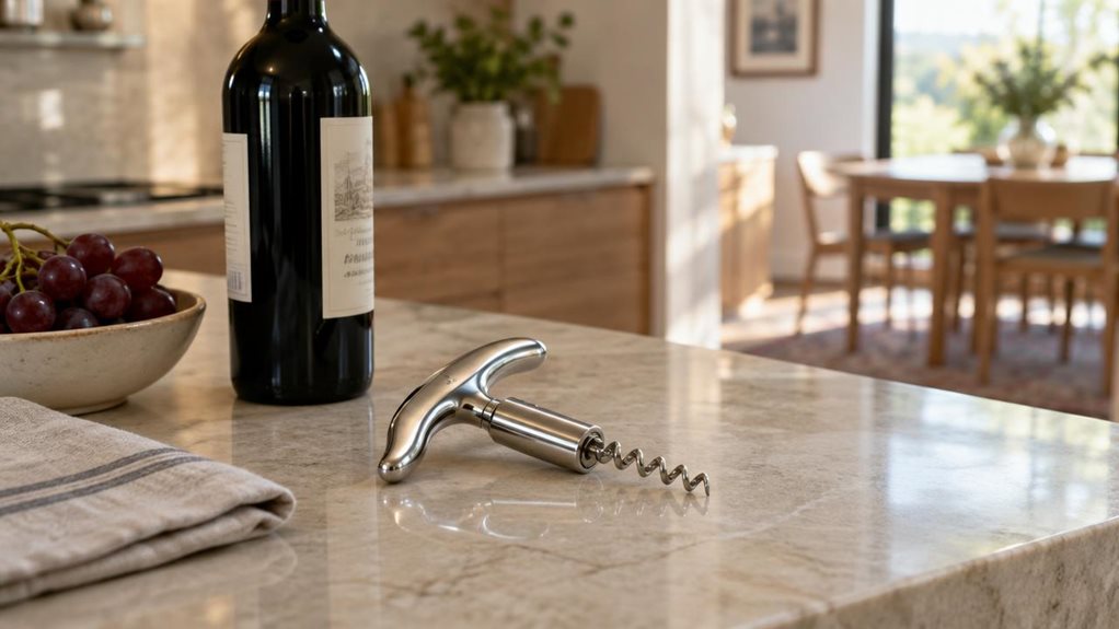 A photograph of a single polished stainless-steel manual corkscrew resting on a pale stone kitchen counter beside a closed bottle of red wine, ready for an unhurried evening at home. The corkscrew is the clear hero, its sculpted handle and spiral catching gentle highlights, with a folded linen napkin and a small bowl of grapes nearby. In the softly blurred background, a warm, modern kitchen opens toward a sunlit dining area, suggesting the product’s natural place without feel