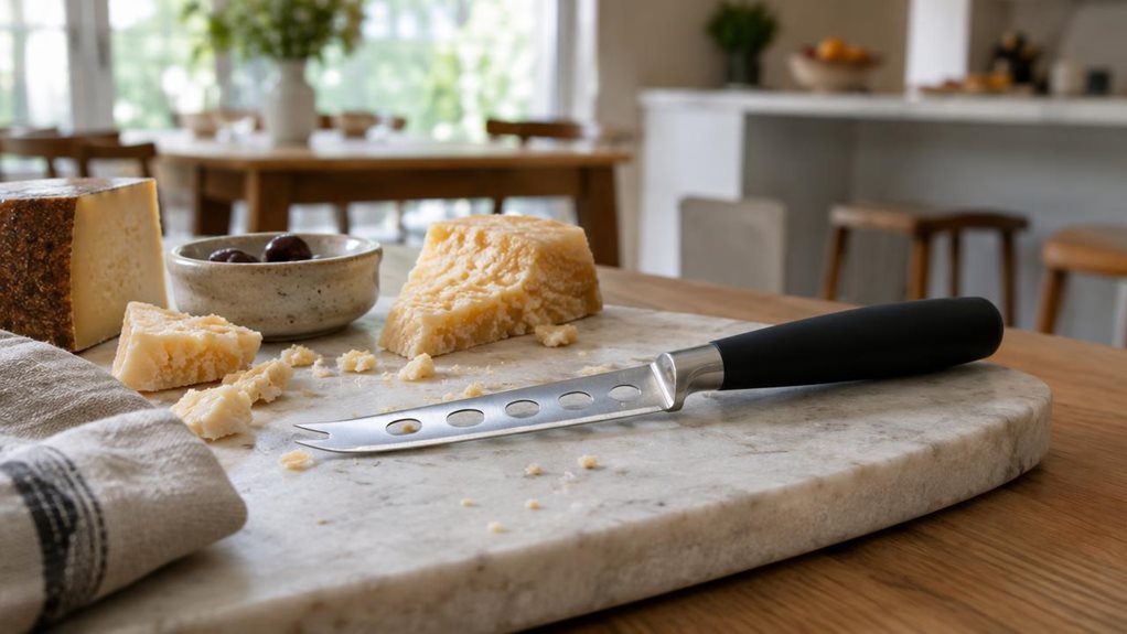 A photograph of a single stainless-steel cheese knife with a matte black handle, resting naturally on a pale stone serving board beside a few pieces of aged cheese and scattered crumbs. The knife is the clear hero, shown at a slight diagonal with its perforated blade and forked tip in crisp focus, as if left on the table after a relaxed tasting. A folded linen napkin and a small ceramic dish sit nearby, adding understated texture without distracting from the product. The scen