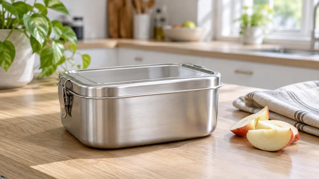 A photograph of a single stainless steel lunch box resting on a pale oak kitchen counter, composed horizontally in a 16:9 landscape frame. The brushed-metal container is the clear hero, its gently rounded corners and secure fitted lid catching soft highlights from a nearby window. A folded linen napkin and a few fresh apple slices sit casually beside it, suggesting a packed lunch without making the scene feel staged. In the softly blurred background, a bright, modern kitchen 
