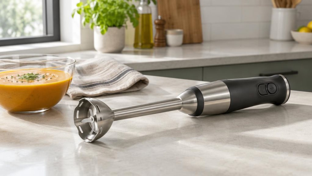 A photograph of a single stainless steel hand blender resting on a pale stone countertop in a bright, modern kitchen, composed horizontally in a 16:9 landscape frame. The blender is the clear hero, placed beside a simple glass bowl of smooth vegetable soup and a folded linen towel, suggesting its everyday use without showing it in action. Its brushed metal shaft, ergonomic dark handle, and subtle controls are rendered with realistic detail, with no visible logos or lettering.