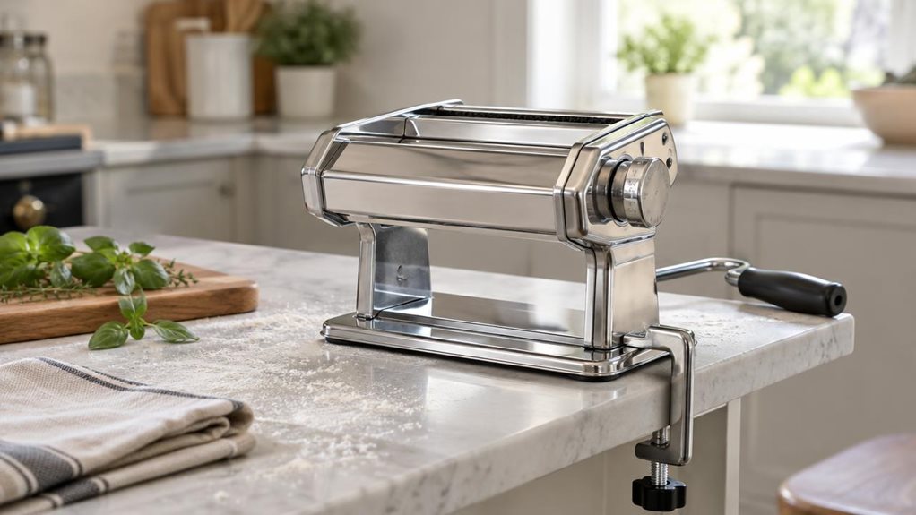 A photograph of a single stainless-steel manual pasta maker resting on a pale stone kitchen island, composed horizontally in a 16:9 landscape frame. Its polished rollers, adjustment dial, and sturdy clamp are clearly visible, with a small portion of the hand crank tucked beside the machine. A light dusting of flour and a neatly folded linen towel suggest a well-used home kitchen, while a wooden board and a few fresh herbs sit nearby without distracting from the product. The s