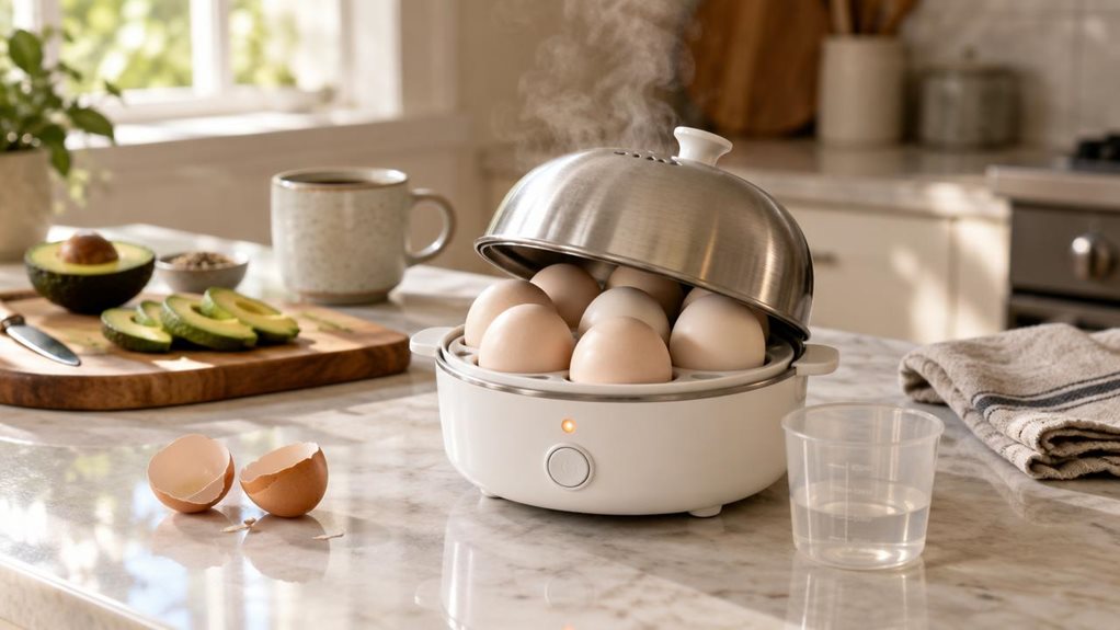 A photograph of a modern kitchen countertop bathed in soft morning light streaming through a nearby window. At the center sits a compact white egg cooker with a brushed stainless steel lid, its small indicator light glowing faintly. The lid is slightly ajar, revealing seven egg compartments, with a transparent measuring cup resting beside it holding a small amount of water. Steam gently rises from the vents, suggesting it has just finished cooking. Surrounding the cooker, sof