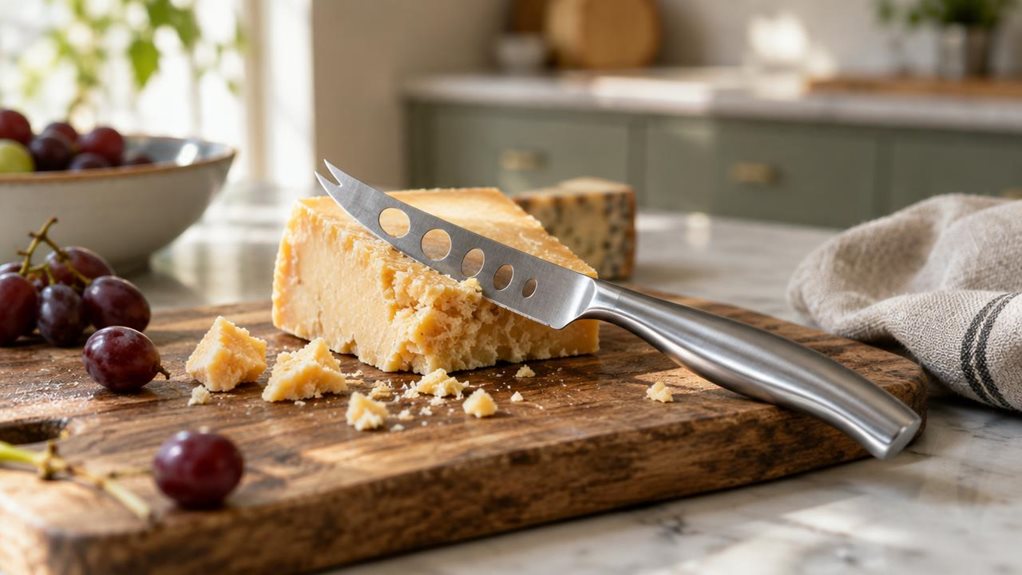 A photograph of a rustic wooden cheese board resting on a marble kitchen countertop, with a single Artesà stainless steel cheese knife laid casually across a wedge of aged cheddar. The knife's brushed steel surface catches soft, natural window light streaming in from the left, creating subtle highlights along its perforated blade and sleek ergonomic handle. Crumbs of cheese and a few grapes are scattered nearby, suggesting a relaxed, candid moment rather than a staged setup. 