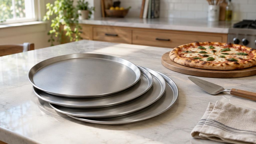 A photograph of a single four-piece pizza tray set arranged on a kitchen island in a relaxed, modern home. The horizontally composed 16:9 landscape scene shows four slim, round metal trays nested and slightly fanned out beside a freshly baked pizza on a wooden board, with a small serving spatula and a folded linen napkin nearby. The trays have a realistic brushed finish, gently raised rims, and subtle reflections, with no visible branding. A softly blurred background reveals 