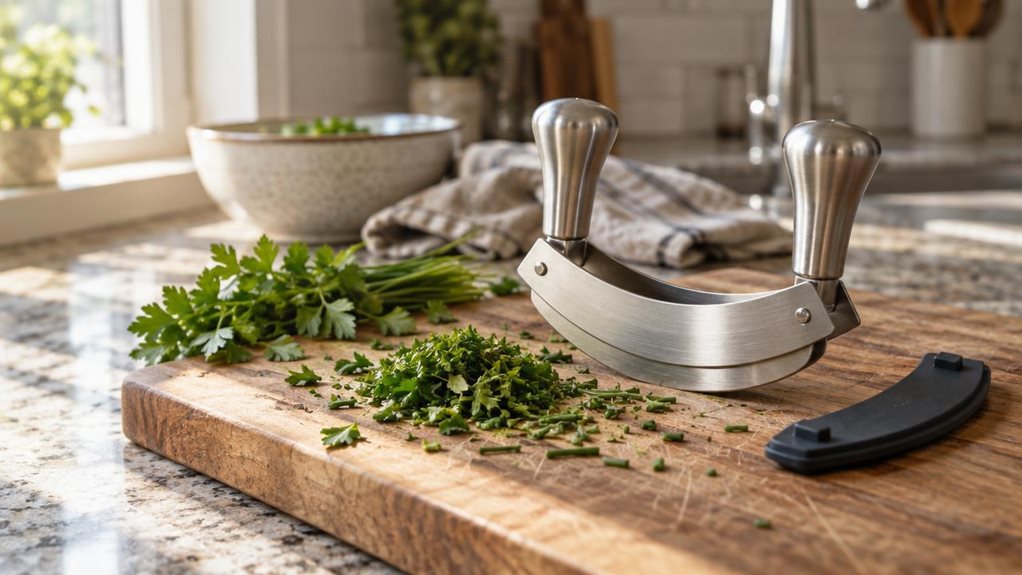 A photograph of a stainless steel double-blade rocking chopper resting on a wooden cutting board atop a granite kitchen countertop, positioned slightly off-center to the right within a horizontal 16:9 frame. Freshly chopped herbs—parsley and chives—are scattered beside the blade, with a few whole sprigs nearby suggesting recent use. Morning sunlight streams in from a window to the left, casting soft, elongated shadows across the countertop and catching the brushed metal curve