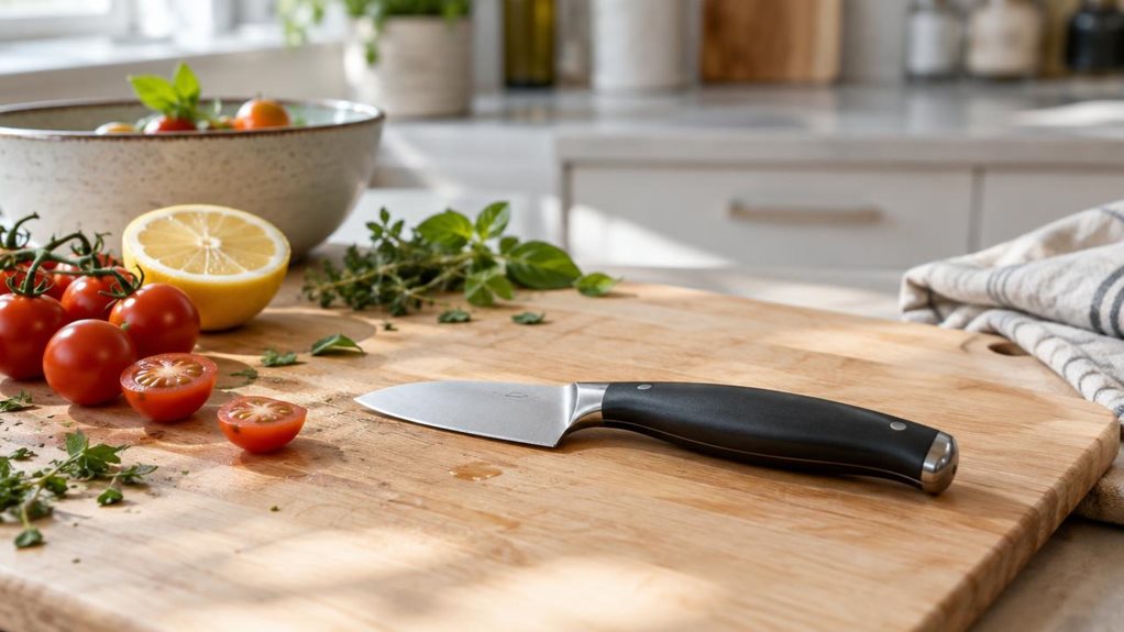 A photograph of a compact vegetable knife resting on a pale wooden cutting board in a bright, modern home kitchen, composed horizontally in a 16:9 landscape frame. The knife is the clear hero: its short, gently curved stainless-steel blade catches a soft glint of daylight, while the smooth, dark handle sits comfortably within reach. Nearby, a few casually arranged cherry tomatoes, a halved lemon, and fresh herbs suggest everyday food preparation without making the scene feel