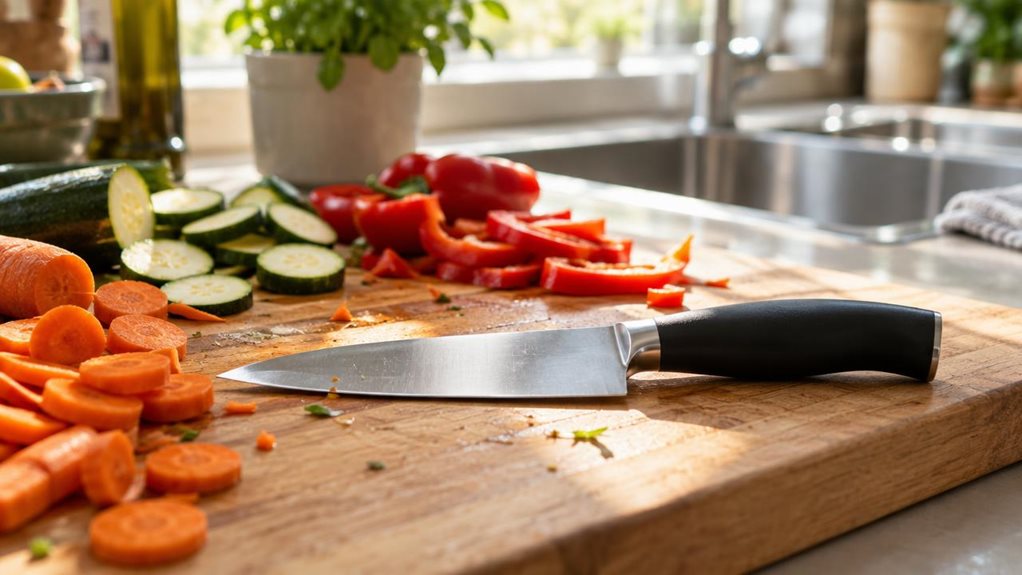 A photograph of a sleek vegetable knife resting on a wooden cutting board in a sunlit kitchen, positioned horizontally in a 16:9 landscape frame. The knife's stainless steel blade catches a soft beam of morning light streaming through a nearby window, highlighting its sharp, polished edge. Beside the knife, freshly sliced vegetables—vibrant orange carrots, pale green zucchini, and deep red bell peppers—are scattered naturally, as if mid-preparation moments ago. The wooden boa