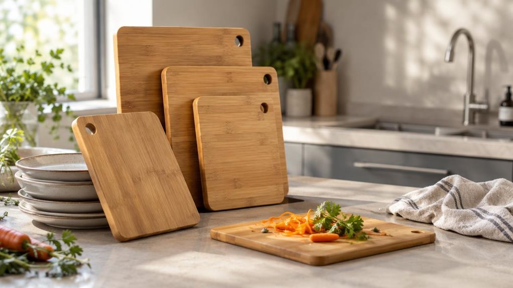 A photograph of a modern kitchen countertop bathed in soft, natural light streaming from a nearby window. The hero of the scene is a set of cutting boards, neatly arranged in a cascading, staggered display, showcasing varying sizes from small to large. The boards are crafted from a rich, warm-toned bamboo material, with smooth, rounded edges and a visible wood grain texture that catches the light beautifully. One board leans casually against a stack of neutral-toned ceramic p