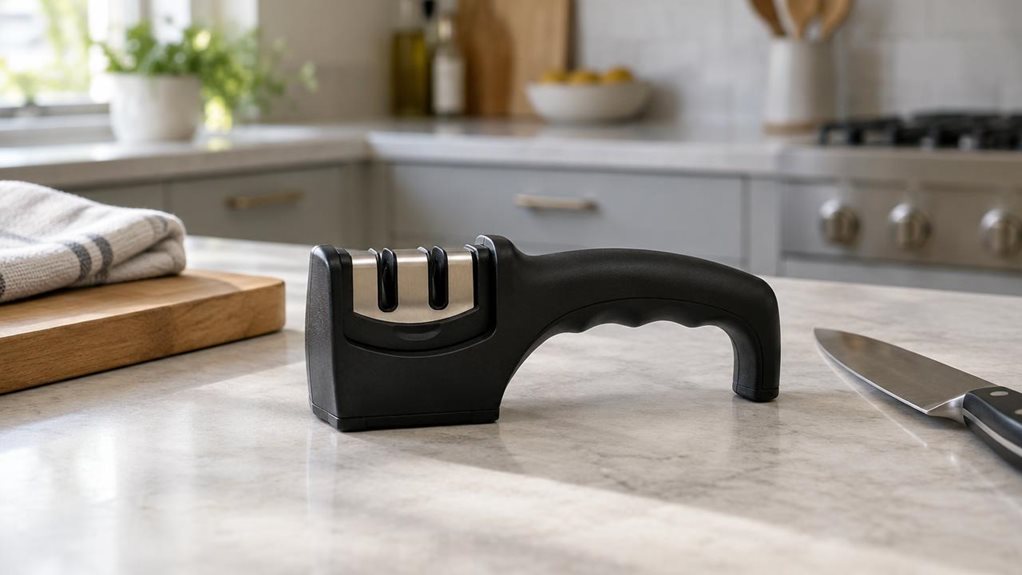 A photograph of a single classic three-stage knife sharpener resting on a clean kitchen counter, composed horizontally in a 16:9 landscape frame. The compact sharpener is the clear hero, with a matte black body, subtle metallic sharpening slots, and a sturdy, ergonomic handle, shown in crisp detail without any visible branding. Nearby, a wooden cutting board and a neatly folded linen towel suggest an everyday home kitchen, while a chef’s knife lies safely off to the side. The