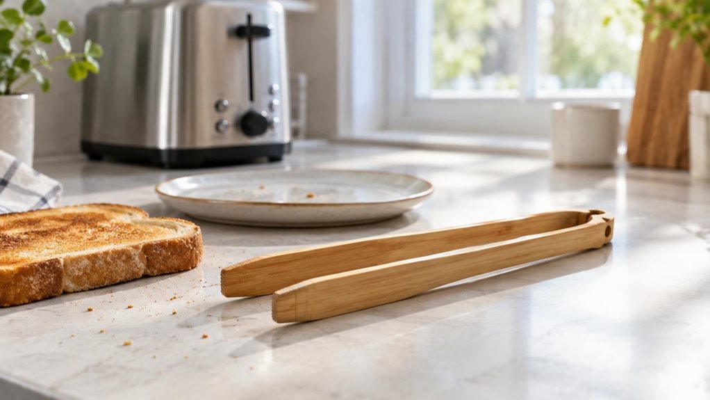 A photograph of a single pair of bamboo toast tongs resting beside a slice of golden toast on a clean, light-colored kitchen counter. The tongs are the clear hero, their smooth, warm-grained bamboo arms gently joined at one end and slightly separated at the tips. A simple ceramic plate and a few crumbs sit nearby, suggesting a relaxed breakfast without looking staged or mid-action. In the softly blurred background, a modern toaster and a sunlit kitchen window establish the na