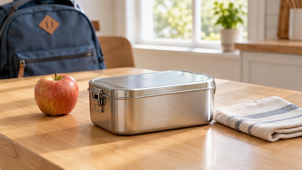 A photograph of a single children’s stainless steel lunch box resting on a light wooden kitchen table, ready for a school day. The rectangular box has softly rounded corners, a brushed silver finish, and simple, child-friendly proportions, with no visible logo or brand name. Beside it sit a small apple and a neatly folded cloth napkin, while a backpack and a sunlit window are softly out of focus in the background. The scene feels casually observed, as if captured at home with