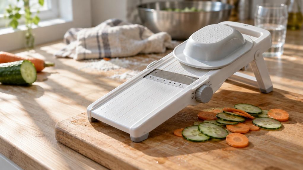 A photograph of a white plastic mandoline vegetable slicer resting diagonally across a wooden cutting board on a sunlit kitchen countertop. The slicer's adjustable blade mechanism and textured hand guard are clearly visible, with a few thin slices of cucumber and carrot scattered beside it, catching the light. A faint dusting of flour and a linen kitchen towel lie softly out of focus in the background, alongside a blurred stainless steel mixing bowl and a glass of water. Morn