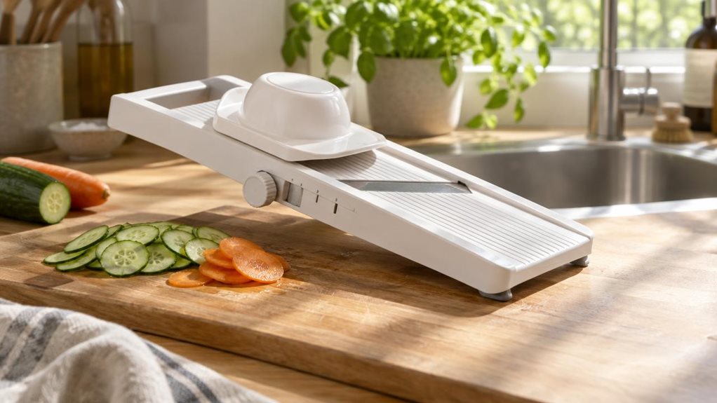 A photograph of a white plastic mandolin vegetable slicer resting diagonally across a wooden cutting board on a sunlit kitchen counter, its adjustable blade mechanism and protective hand guard visible in crisp detail. A few thin, translucent slices of cucumber and carrot lie scattered beside it, catching the light with a slight sheen of moisture. The counter is light oak butcher block, softly worn, with a linen kitchen towel draped just out of focus in the lower corner. In th