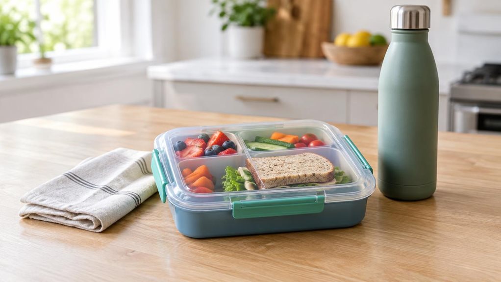A photograph of a single compartmentalized lunch box resting on a light wooden kitchen counter, ready for a day out. Its clean, practical design features a translucent lid, colorful locking clips, and neatly arranged sections filled with fresh fruit, crisp vegetables, and a small sandwich. A folded linen napkin and a reusable water bottle sit nearby, suggesting an everyday packed lunch without distracting from the box. The horizontally composed 16:9 landscape scene feels cand