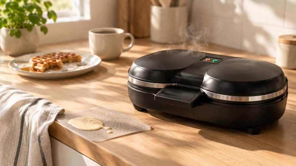 A photograph of a sleek black double waffle maker resting on a light oak kitchen countertop, positioned slightly off-center to the right within the 16:9 frame. The appliance's stainless steel accents catch soft morning sunlight streaming in from a nearby window, creating gentle highlights along its curved edges and indicator lights. A faint wisp of steam rises from its closed lid, suggesting recent use, while a small puddle of batter rests on a nearby silicone mat. In the sof