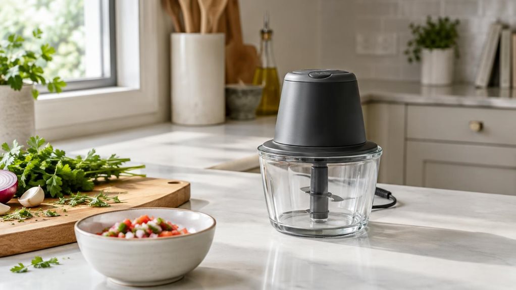 A photograph of a single compact electric multi chopper resting on a clean kitchen counter, composed as a horizontal 16:9 landscape scene. The appliance has a clear glass bowl, a simple dark lid, and a small understated control button, with its power cord loosely tucked behind it. A wooden cutting board, a few fresh herbs, and a small bowl of chopped vegetables sit nearby, suggesting everyday meal preparation without showing anyone or catching the product mid-action. Soft nat