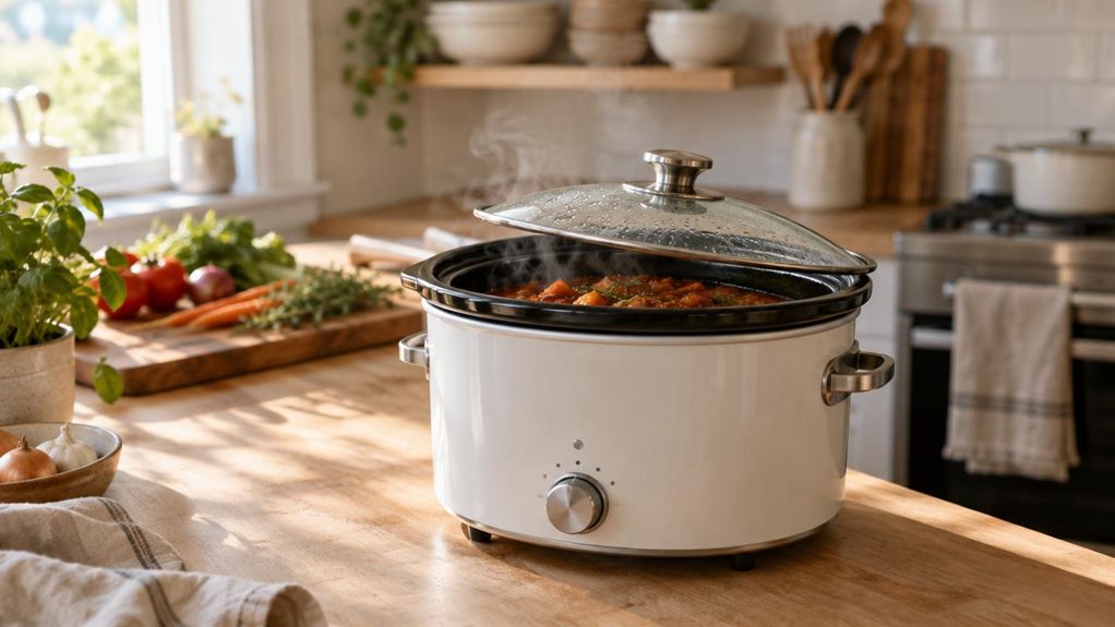 A photograph of a compact white ceramic slowcooker sitting on a light oak kitchen countertop, positioned slightly off-center in a bright, airy kitchen. The black lid is slightly ajar, with gentle wisps of steam rising from a simmering stew inside, hinting at a rich tomato and herb aroma. Morning sunlight streams in from a nearby window, casting soft, warm highlights across the brushed metal handles and glass lid, while gentle shadows stretch across the counter. In the backgro
