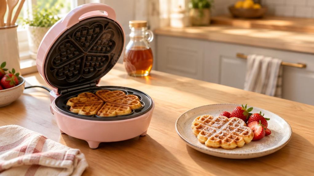 A photograph of a cheerful kitchen countertop scene captured in warm morning light streaming through a nearby window. A compact, pastel pink waffle iron with rounded, retro-inspired curves sits at the center of the frame, its heart-shaped waffle plates slightly visible with the lid propped open, revealing golden grid patterns from a previous use. Steam softly rises, hinting at recent cooking. A small ceramic plate beside it holds a freshly made heart-shaped waffle dusted with