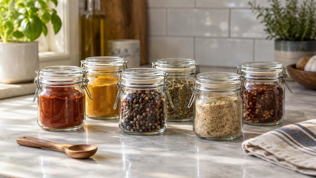 A photograph of a single set of six clear glass spice containers arranged neatly on a sunlit kitchen counter, their simple airtight lids and subtle metal clasps catching the light. The jars hold colorful spices—deep red paprika, golden turmeric, peppercorns, dried herbs, and other seasonings—showing their textures through the glass. A small wooden spice spoon and a folded linen towel rest nearby, while a softly blurred backsplash and hints of kitchen greenery create a natural