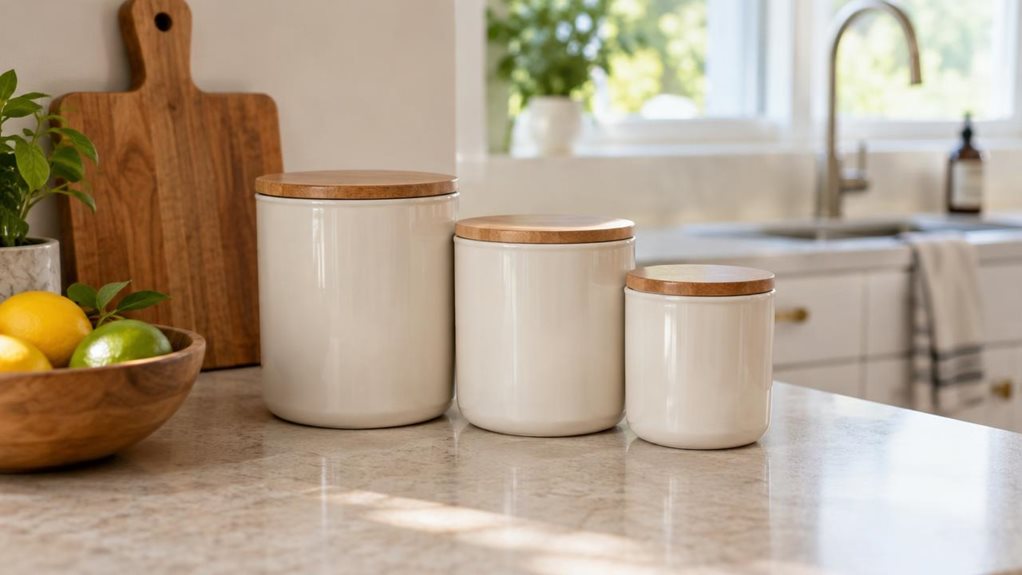 A photograph of a three-piece kitchen canister set arranged on a light stone countertop in a bright, modern kitchen, composed horizontally in a 16:9 landscape frame. The matching canisters are the clear focal point, with clean, understated shapes, subtle lids, and realistic materials suited to everyday storage. They sit naturally beside a wooden cutting board and a small bowl of fruit, as if casually noticed during a quiet moment in the kitchen; nothing is being handled, and