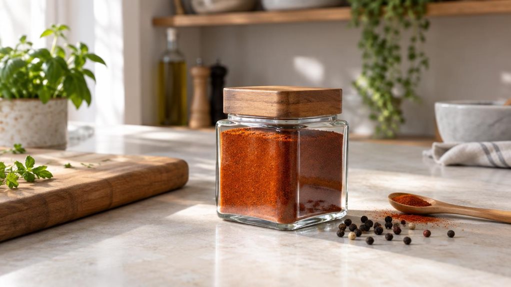 A photograph of a square spice jar with a fitted lid, resting naturally on a pale stone kitchen counter beside a wooden cutting board. The clear glass jar is filled with warm amber paprika, its neatly squared sides catching soft window light and revealing the fine texture of the spice. A small wooden spoon and a few scattered peppercorns sit nearby, adding a casual, lived-in touch without distracting from the jar. In the softly blurred background, a modern kitchen shelf and m