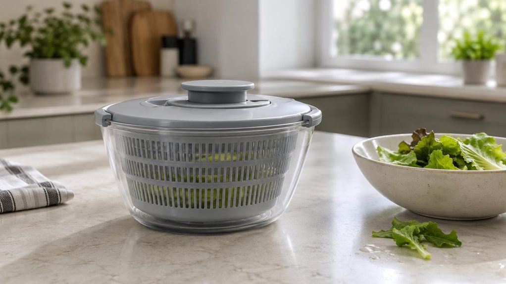 A photograph of a single grey, foldable three-piece salad spinner with a 5-litre capacity, resting on a light stone kitchen island in a calm, modern home. Its translucent bowl, fitted lid, and compact folding mechanism are clearly visible, with a few fresh lettuce leaves inside and a small dish of rinsed greens nearby. The spinner is the hero of the horizontally composed 16:9 landscape scene, naturally placed as though it has just been set out during meal preparation; no pers