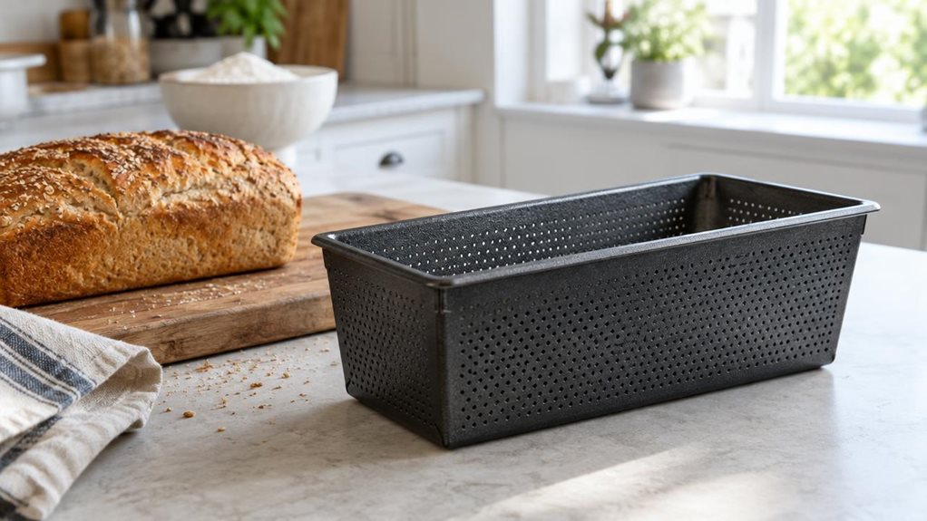 A photograph of a single perforated bread tin resting on a pale stone countertop in a bright, lived-in home kitchen, captured in a horizontally composed 16:9 landscape scene. The dark, finely perforated metal pan is the clear hero, angled slightly to show its long loaf shape, open top, and textured sides. A freshly baked golden loaf sits beside it on a wooden board, with a folded linen tea towel and a few scattered crumbs adding quiet, natural detail. In the softly blurred ba