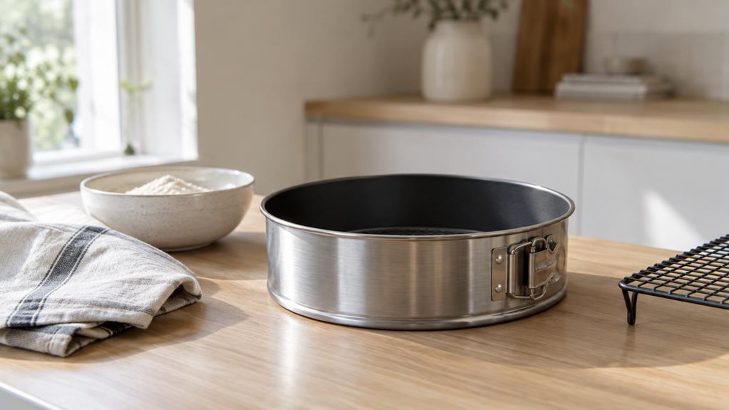 A photograph of a single round springform cake tin placed casually on a light oak kitchen counter in a modern, sunlit home, composed in a horizontal 16:9 landscape frame. The tin sits slightly off-center beside a folded linen tea towel, a small bowl of flour, and a cooling rack, suggesting quiet baking preparation rather than an active scene. It has a clean, realistic brushed metal finish with a dark nonstick interior and a secure latch visible on the side, catching soft dayl