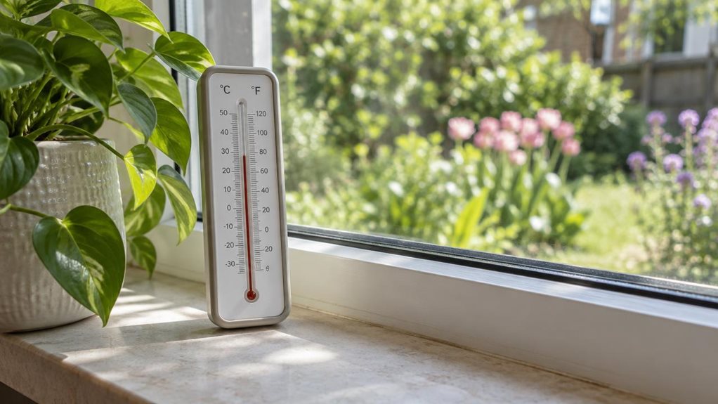 A photograph of a single, realistic indoor-outdoor thermometer resting on a pale stone windowsill beside a leafy houseplant. Its clean, modern face has a clear temperature scale and understated markings, with no visible brand name. Beyond the window, a softly blurred garden shows fresh green leaves and a few blooming flowers, suggesting mild spring weather. The thermometer is the hero of the scene, naturally placed as part of a calm, lived-in home rather than arranged like a 