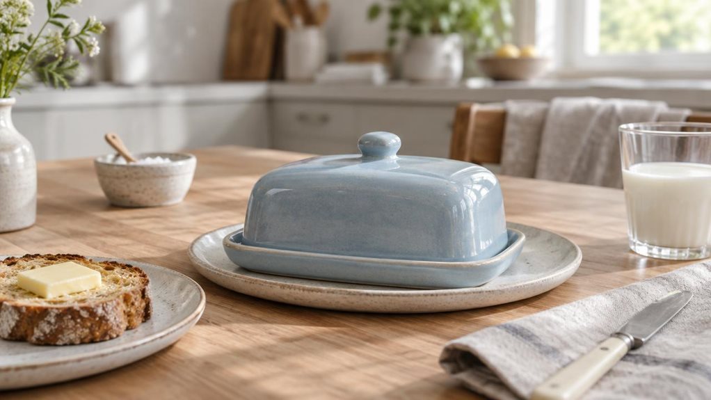 A photograph of a light blue ceramic butter dish resting on a pale stoneware plate at the center of a relaxed breakfast table, composed as a horizontal 16:9 landscape scene. Its softly curved base and matching domed lid have a subtle handmade finish, with gentle highlights along the glazed surface. A small pat of butter sits beside it on a slice of rustic toast, while a linen napkin, a butter knife, and a simple glass of milk complete the setting without distracting from the 