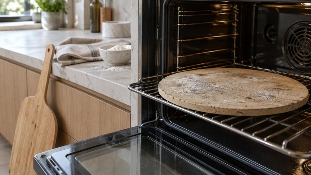 A photograph of a single round pizza stone resting on the open rack of a modern home oven, its warm beige surface lightly dusted with flour and marked by subtle, realistic signs of use. The oven sits in a calm, contemporary kitchen with pale stone countertops and understated wooden cabinetry. A wooden pizza peel leans nearby, while a folded linen towel and a small bowl of flour add natural, lived-in detail without distracting from the stone. The scene feels candid and observa
