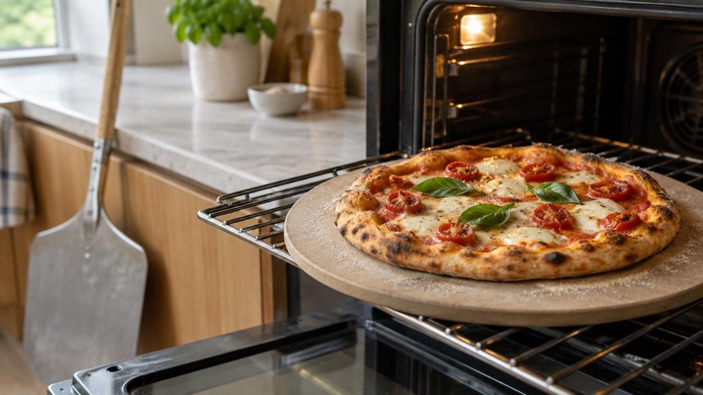 A photograph of a single round pizza stone resting on the open rack of a modern home oven, with a freshly baked pizza placed on its lightly dusted surface. The crust is golden and crisp-looking, with bubbling cheese, roasted tomatoes, and a few fresh basil leaves; a simple metal pizza peel leans against the counter nearby. The scene is set in a calm, contemporary kitchen with pale stone countertops and warm wood accents, captured in a candid, observational style rather than m
