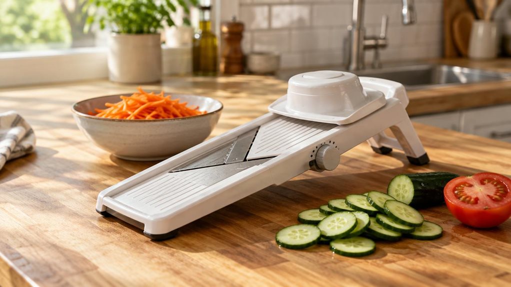 A photograph of a sleek mandoline slicer resting diagonally across a wooden cutting board on a sunlit kitchen countertop. The slicer, featuring a white food-grade plastic frame with a stainless steel blade insert, sits beside a small pile of freshly sliced cucumber rounds and a half-sliced tomato, evidence of recent use. A ceramic bowl filled with uniformly julienned carrots rests just behind it, slightly out of focus. Morning light streams in from a nearby window, casting so