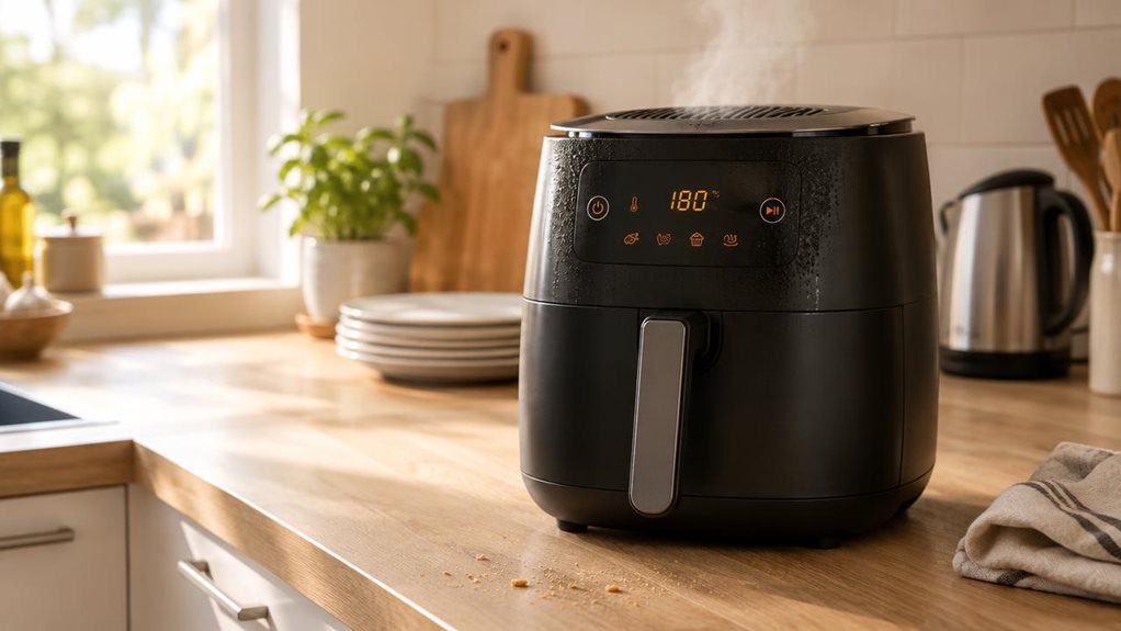A photograph of a sleek black Bosch AirFryer Series 6 resting on a light oak kitchen countertop, positioned slightly off-center within a bright, modern kitchen. Soft morning sunlight streams in from a nearby window, casting gentle highlights across the appliance's matte finish and illuminating the subtle steam rising from its vented top as it finishes a cooking cycle. The digital display glows faintly, showing a warm amber readout. Condensation droplets are visible near the c