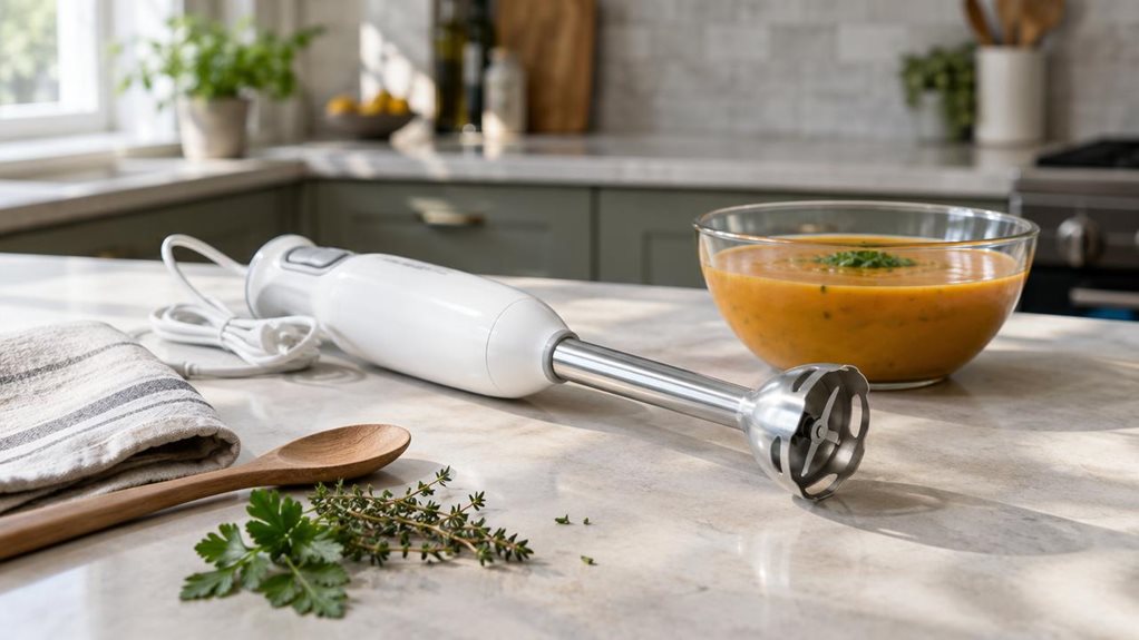 A photograph of a single white hand blender with a slim ergonomic handle and stainless-steel blending shaft, resting naturally on a pale stone kitchen counter beside a glass bowl of smooth vegetable soup. The blender is the clear hero of a horizontally composed 16:9 landscape scene, angled casually as if someone has just set it down, with its power cord loosely gathered nearby. A folded linen towel, a wooden spoon, and a few fresh herbs add understated kitchen context without