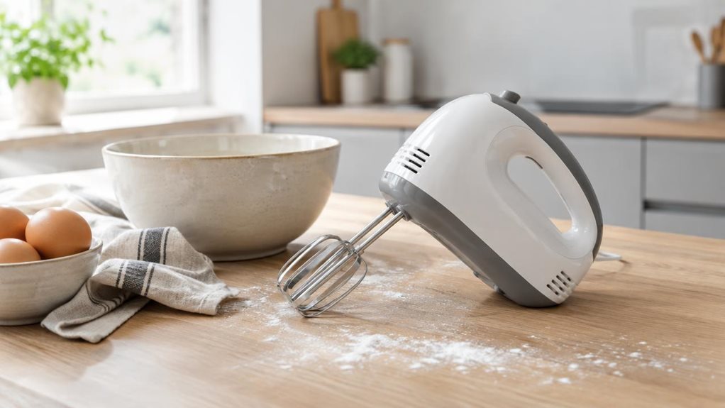 A photograph of a sleek white-and-gray hand mixer resting casually on a light oak kitchen countertop in a bright, modern home kitchen, framed in a horizontal 16:9 landscape composition. The scene feels candid and observational, as if captured naturally during a quiet morning routine rather than staged; the mixer sits beside a ceramic mixing bowl, a folded linen towel, and a small dish of eggs, with a few subtle flour dustings adding realism. Soft natural window light washes a