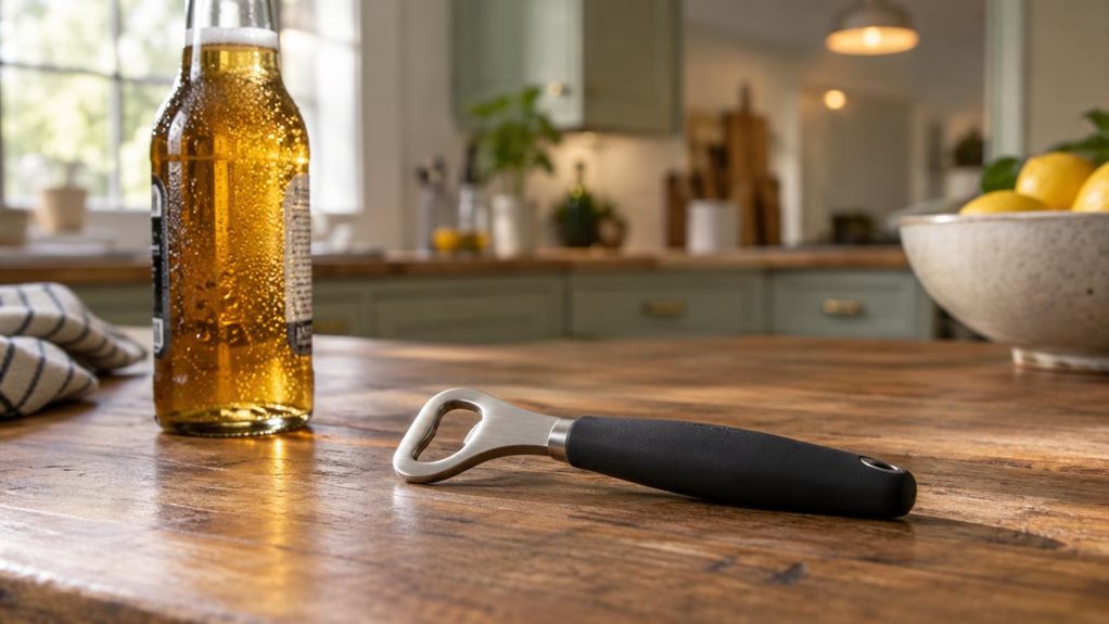 A photograph of a sturdy bottle opener resting on a rustic wooden kitchen countertop, its brushed stainless steel body catching soft, natural light streaming in from a nearby window. The opener's ergonomic handle, wrapped in matte black rubber for a comfortable grip, lies at a slight angle, as if just set down after use. Beads of condensation glisten on a glass bottle positioned beside it, hinting at recent use without being staged mid-action. In the softly blurred background