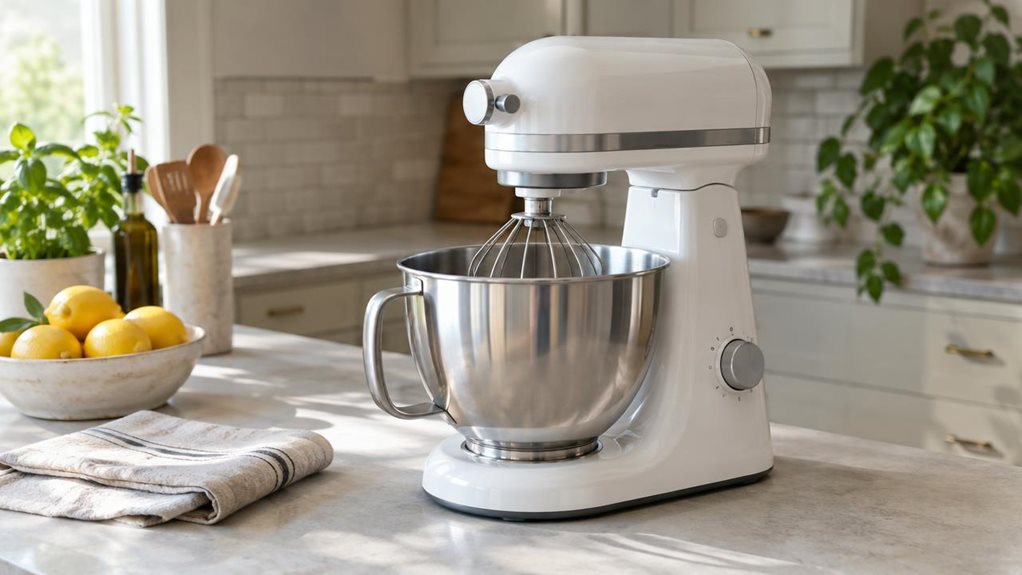 A photograph of a single white kitchen machine resting on a light stone countertop in a calm, modern home kitchen. The appliance is the clear hero, shown at a natural three-quarter angle with its mixing bowl and attachments neatly in place; its clean contours, subtle controls, and realistic surface details are visible without any branding. A folded linen towel, a small bowl of lemons, and a few everyday utensils sit nearby, suggesting a lived-in space without making the scene