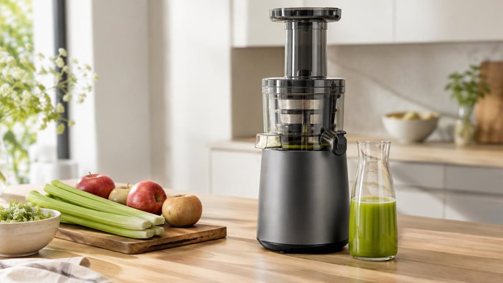 A photograph of a sleek, unbranded slow juicer resting on a light oak kitchen countertop in a bright, modern home, framed in a horizontal 16:9 landscape composition. The compact appliance is the clear hero of the scene, positioned naturally beside a wooden cutting board, a few neatly arranged apples, celery stalks, and a glass carafe of fresh juice, suggesting a calm everyday routine rather than an action shot. Soft morning sunlight spills across the counter, creating gentle
