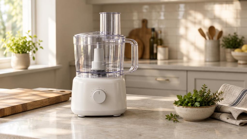 A photograph of a compact white food processor resting on a pale stone kitchen counter, its clear bowl and fitted lid catching the soft morning light from a nearby window. The single appliance is the hero of a horizontally composed 16:9 landscape scene, shown in its natural setting beside a wooden chopping board, a folded linen towel, and a small bowl of fresh herbs. Nothing is being prepared; the kitchen feels quietly lived-in, as if someone paused to capture the appliance d