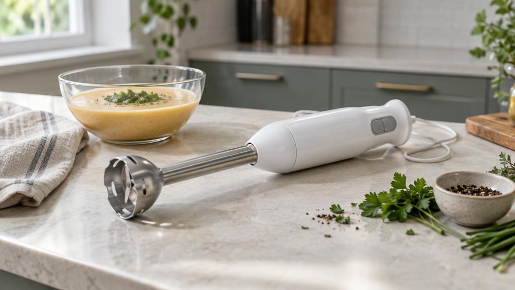 A photograph of a single sleek hand blender resting on a pale stone kitchen counter beside a glass bowl of creamy soup and a folded linen towel. Its white ergonomic handle and stainless-steel blending shaft are clearly visible, with the cord loosely tucked behind it. A few fresh herbs and a small bowl of pepper sit nearby, suggesting everyday meal preparation without showing anyone in action. The scene is horizontally composed in a 16:9 landscape frame, with the blender as th