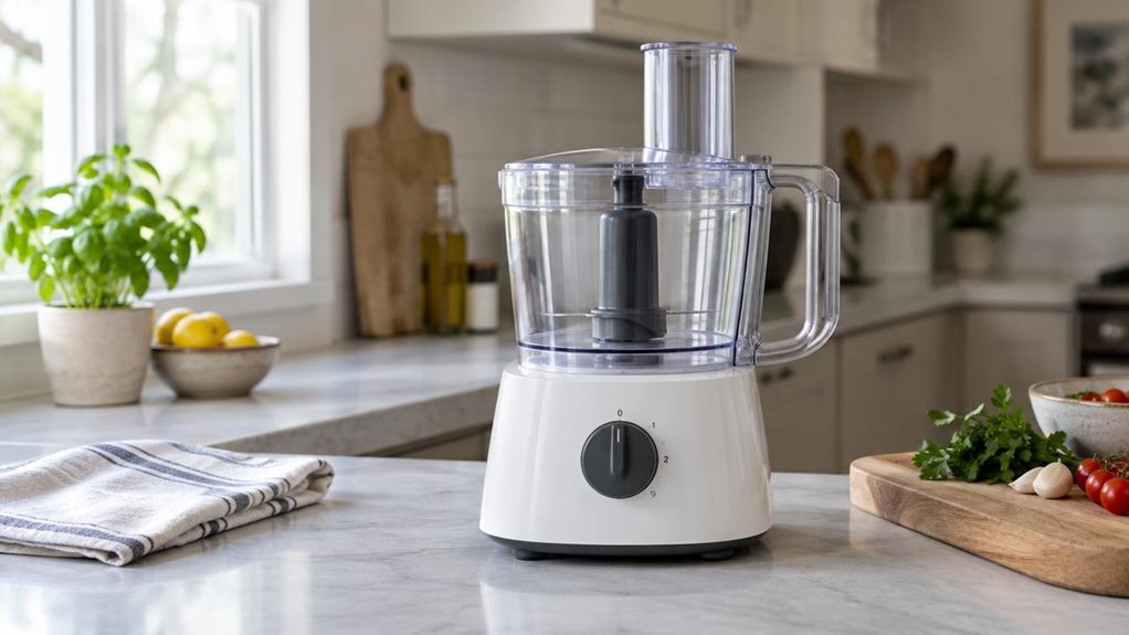 A photograph of a single compact food processor resting naturally on a kitchen counter in a bright, modern home, composed as a horizontal 16:9 landscape scene. The appliance has a clean white body, a dark control dial, and a clear mixing bowl with a fitted lid, its realistic proportions and subtle surface details giving it a practical, everyday feel. Nearby, a folded tea towel, a wooden cutting board, and a small bowl of fresh ingredients suggest a well-used kitchen without m