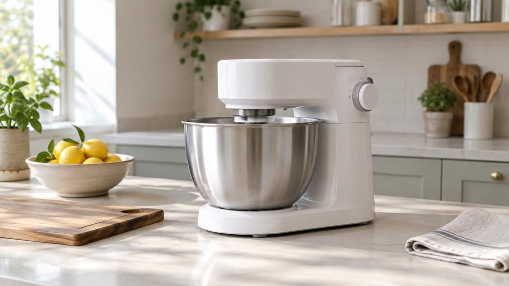 A photograph of a white stand mixer in a bright, modern home kitchen, composed horizontally in a 16:9 landscape frame. The Bosch Series 2 food processor is the clear hero, resting naturally on a pale stone countertop beside a wooden cutting board, a ceramic bowl of lemons, and a neatly folded linen towel. Its compact white body, stainless-steel mixing bowl, and simple controls are shown in crisp, realistic detail, with no other appliances competing for attention. Soft window 