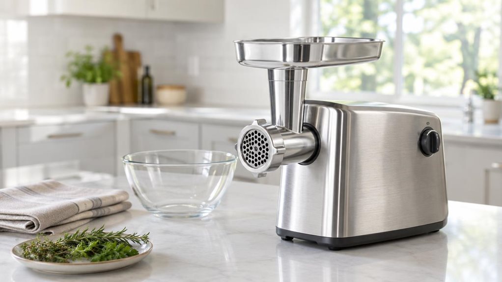 A photograph of a single modern meat grinder resting on a clean kitchen counter in a bright, contemporary home. The grinder has a sturdy brushed-metal body, a polished steel feed tray, and a neatly attached grinding head, with a clear glass bowl placed nearby. A folded linen towel and a small plate of fresh herbs add natural, understated detail without distracting from the appliance. The scene feels casually observed, as if captured with a high-end camera during a quiet momen