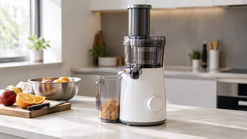 A photograph of a sleek white countertop juicer placed naturally in a bright, modern kitchen, framed in a horizontal 16:9 landscape composition. The appliance sits on a clean stone counter beside a wooden cutting board with a few sliced oranges, apples, and a stainless-steel bowl, suggesting everyday use without any action taking place. Soft morning light streams in from a nearby window, casting gentle highlights across the glossy surfaces and subtle shadows beneath the machi